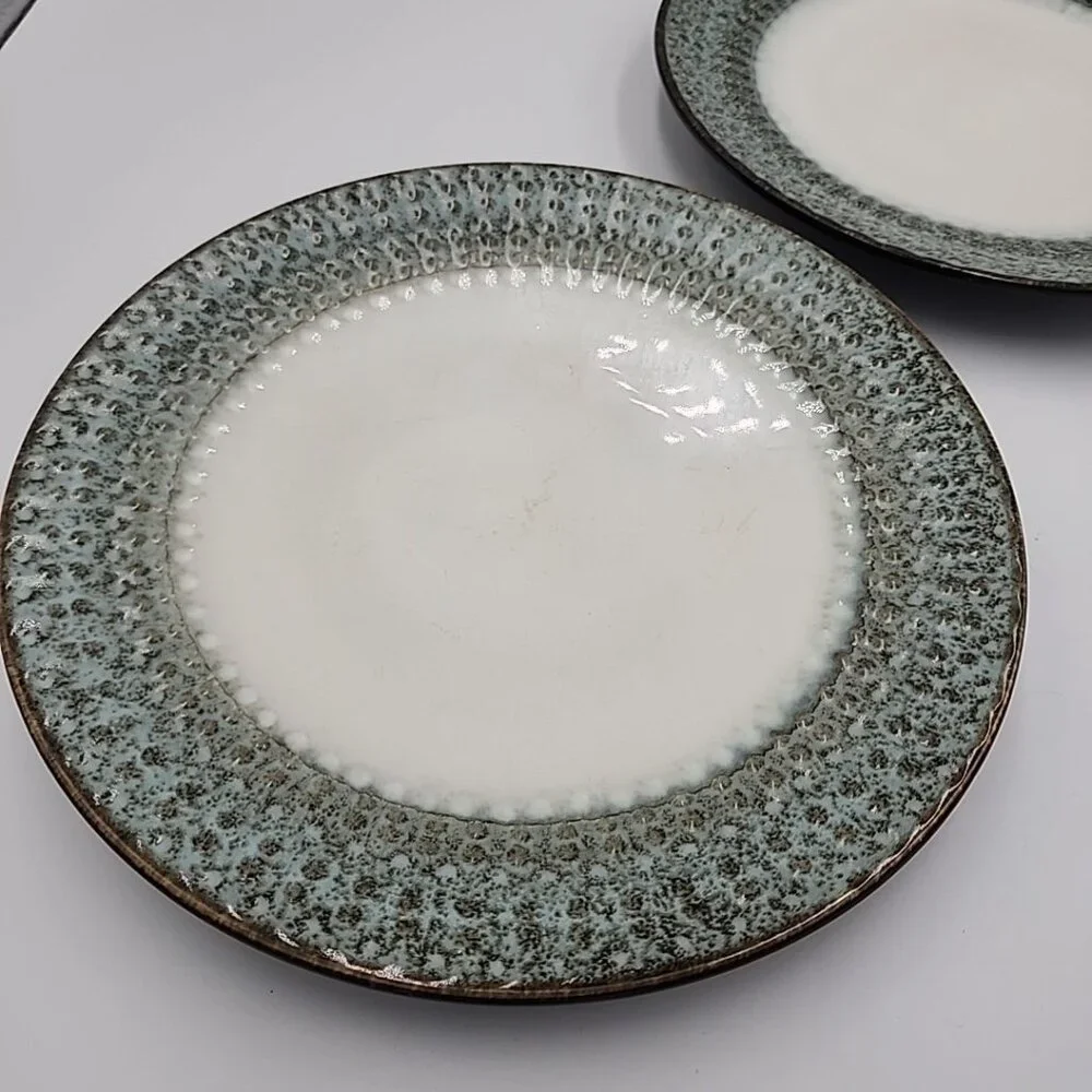 Pier 1 Allison Stoneware Lunch Plates Set Of 2 Cream Blue Gold Rim 9.5